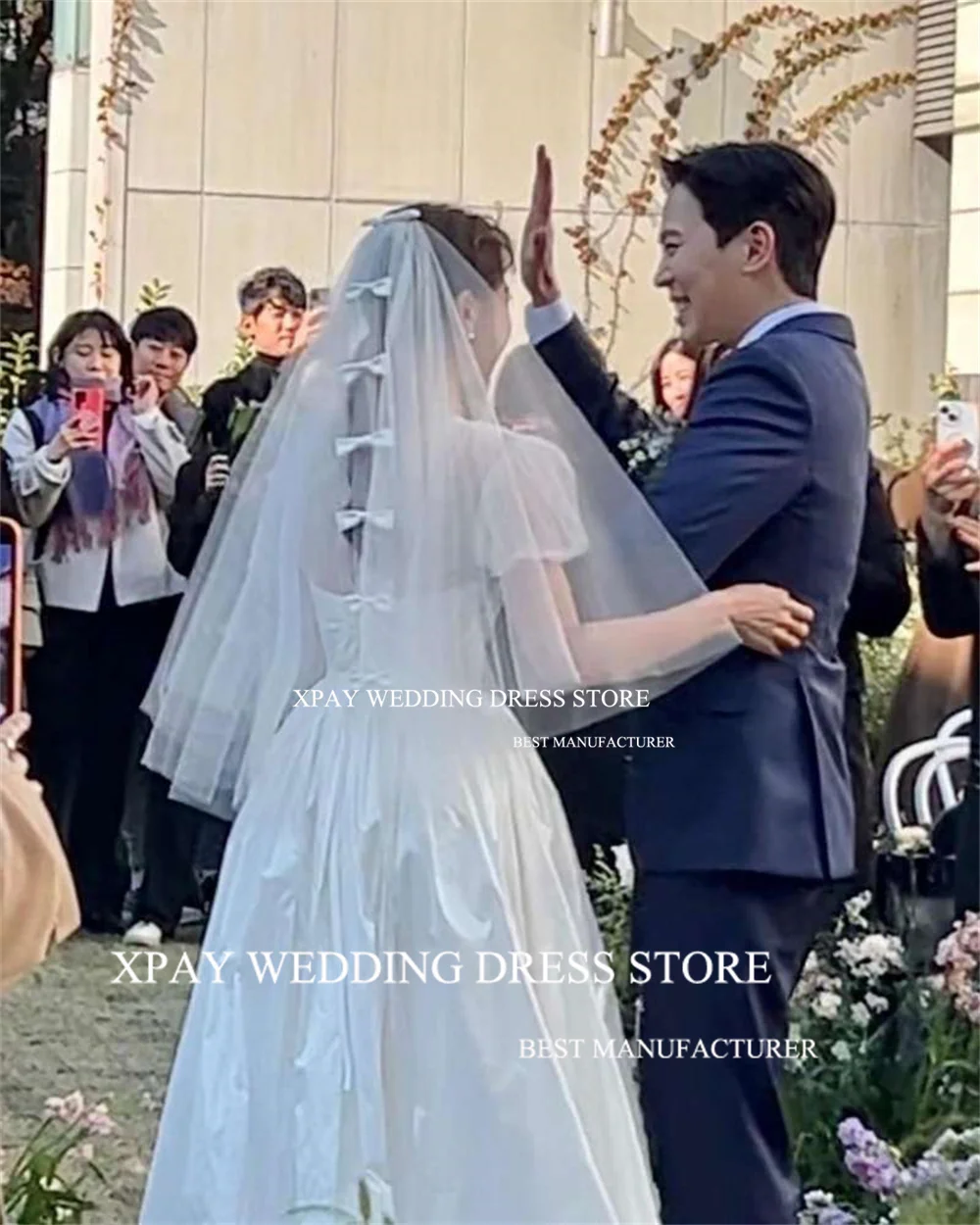 XPAY Illusion O Neck Korea Wedding Dresses Satin Sleeveless Backless Bridal Gown Short Sleeve A Line Bride Dress Photos Shoot 3