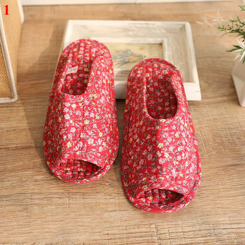 Vintage Floral Home Slippers Spring Autumn Soft Cotton Toe Sole Slippers Women Flat Shoes Indoor Bedroom Slippers Ladies Cotton