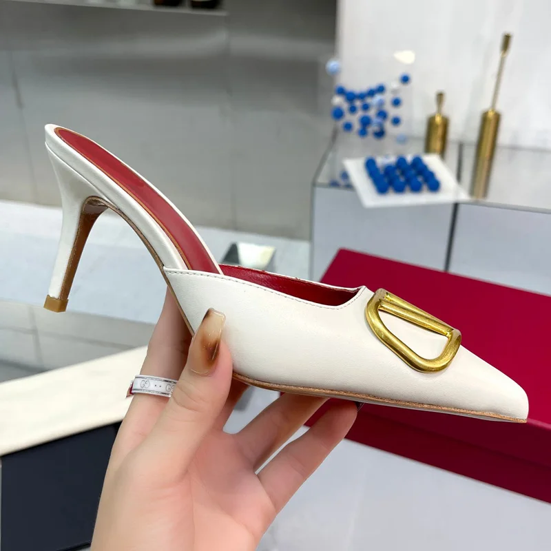 GPBD Designer High Heels Slipper For Woman Casual Fashion Metal Leather Matte Womens Sandal Real Leather Banquet Woman Shoes