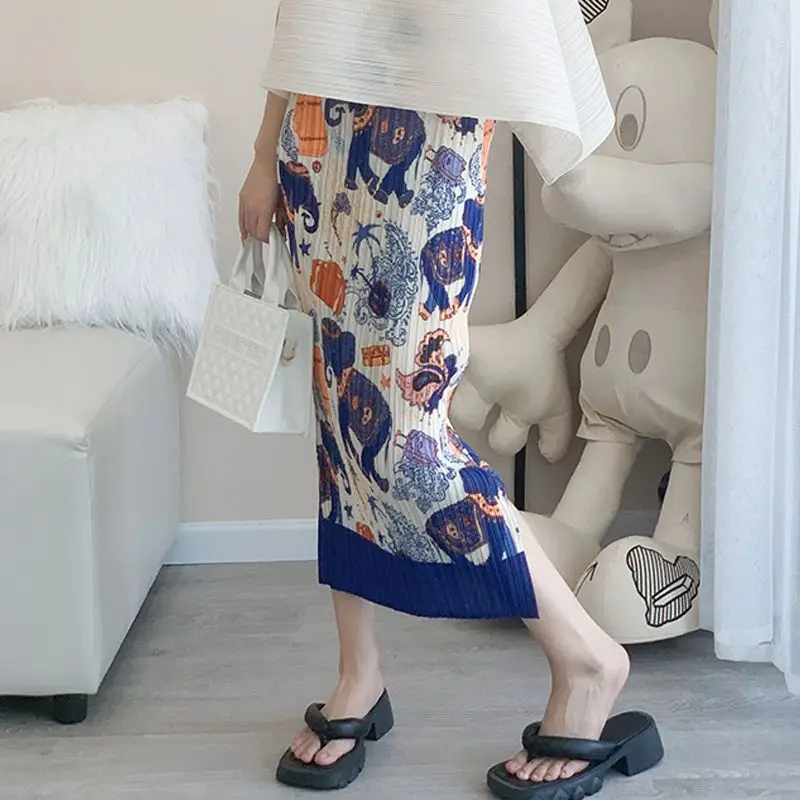 

Pleated Mid-Ancient Printed Skirt Women's Summer Niche Design Slimming Sheath Split Long Skirts Women