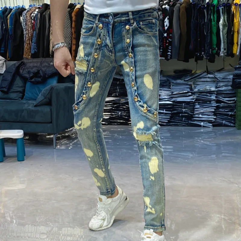 Men Hole Patchwork Jean Spring Slim Fit Men Blue Jeans Elastic Jeans For Men Motorcycle Pant Streetwear Print Ripped Jean Hombre