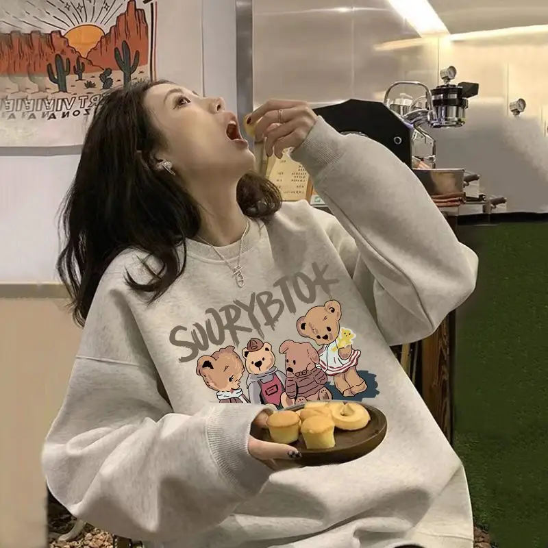 

Plush and Thickened Hooded Cartoon Printed Round Neck Sweater for Women Loose Autumn and Winter Students and Women's Sweater