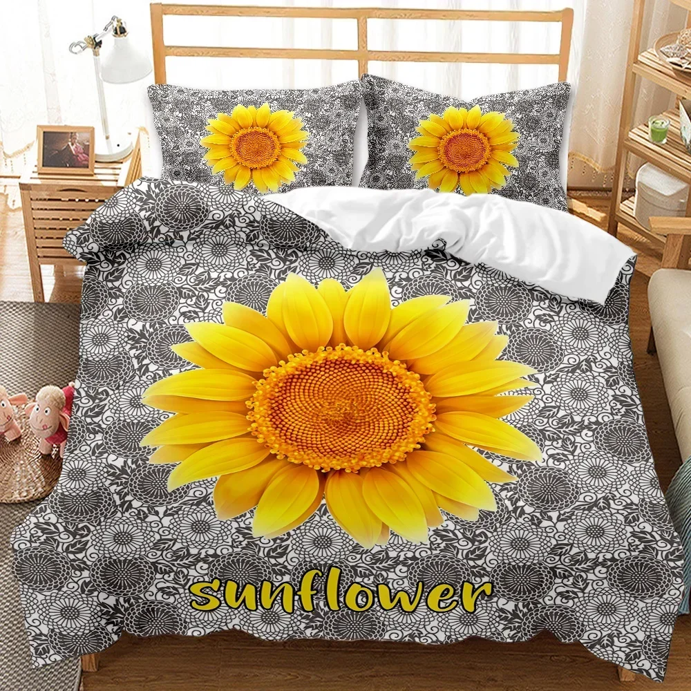 Sunflower Duvet Cover Set Yellow Flower Bedding Set Sunflower Botanical Floral Garden Bloom Print on Black Polyester Quilt Cover