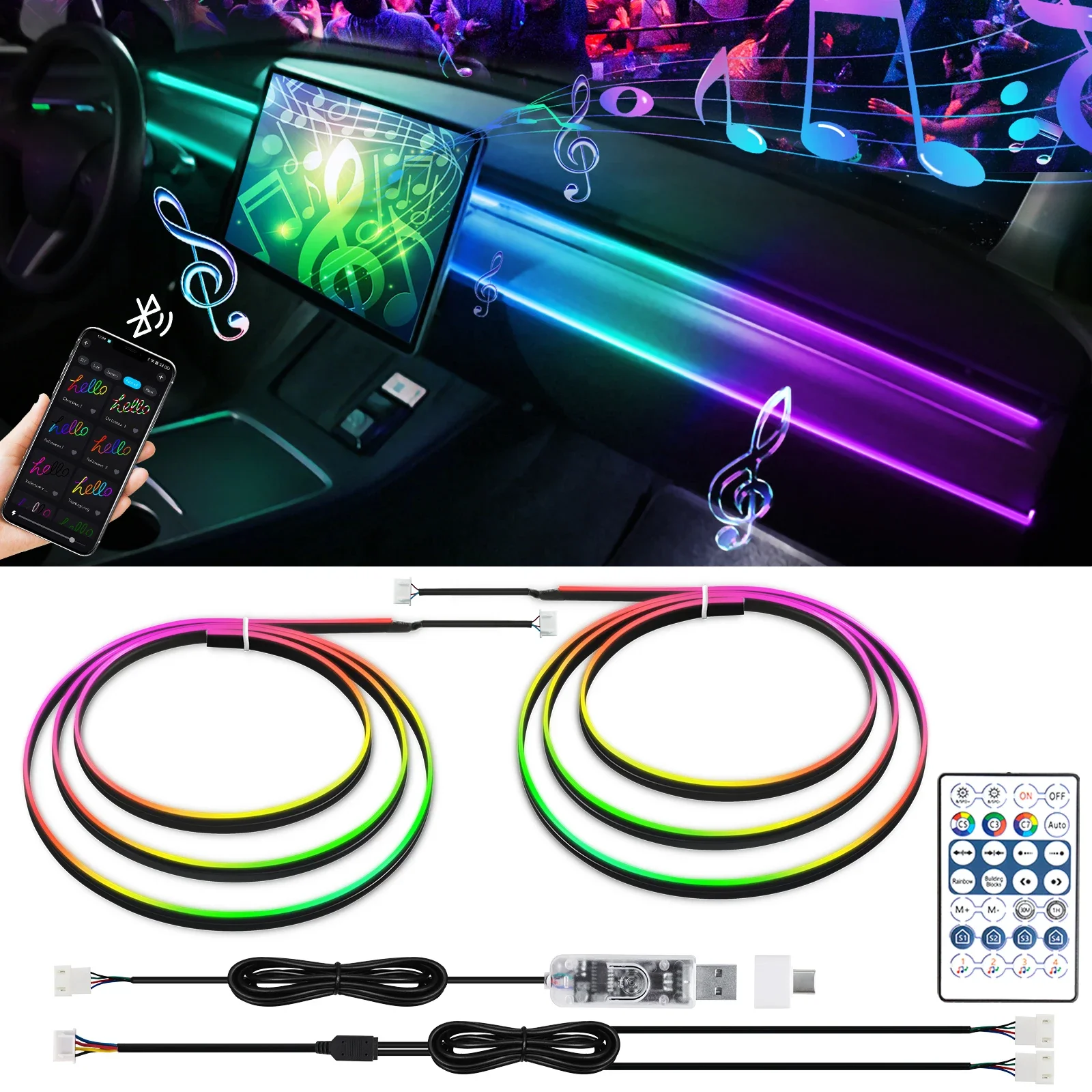 Tesla Model 3 Y S X 주변 조명 60s 모듈 2-in-1 Symphony 범용 자동차 LED RGB 분위기 램프 USB APP 원격