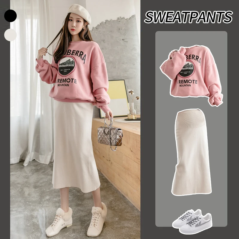 Pregnant Women Half Body Autumn and Winter Pregnant Women Medium and Long Trendy Mother Fashion Knitted Skirt