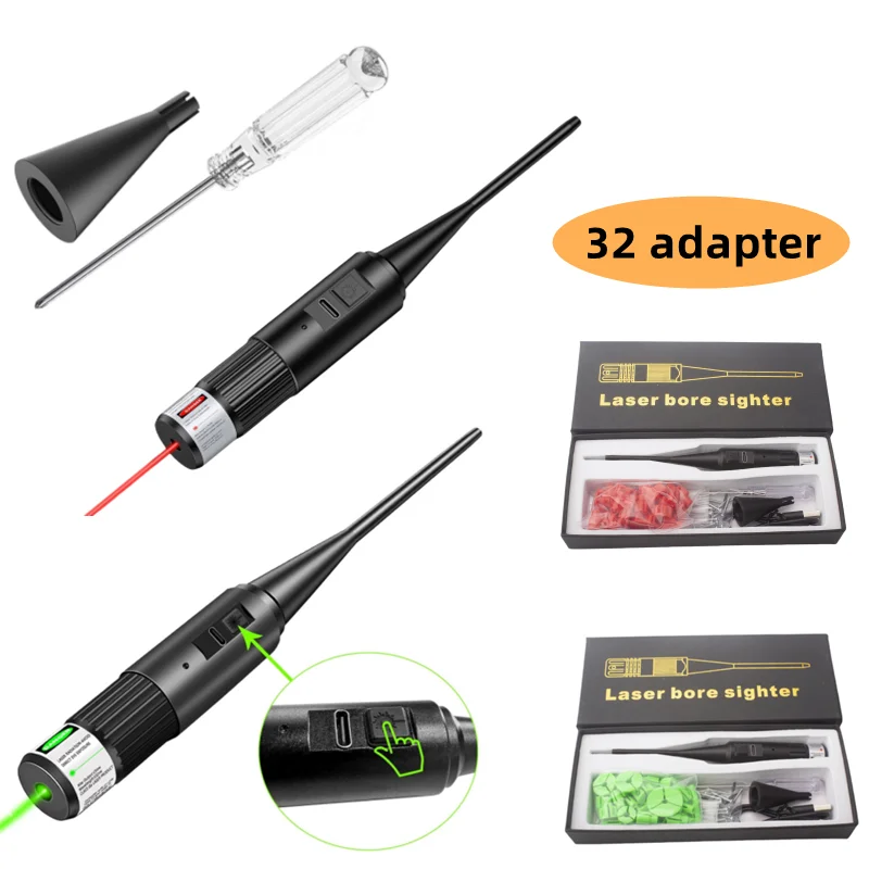 Red Laser Bore Sighter Collimator .17 .22 To 12GA Caliber Sight With 32 Adapters