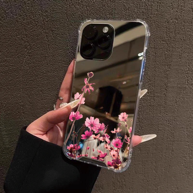 Chic Floral Mirror Shockproof Soft Phone Case with Makeup Feature