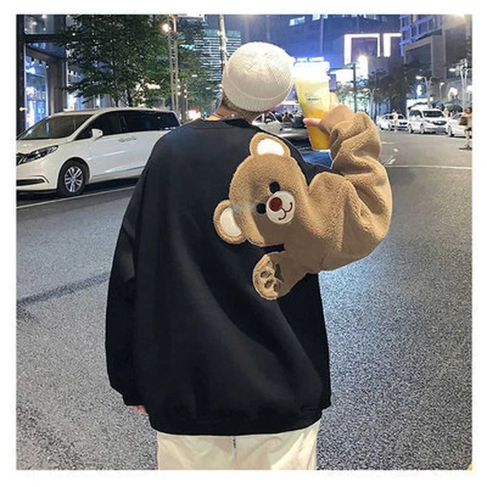 New Cute Harajuku Shirt Design Bear Pattern Street Clothing Men's Long Sleeve Shirt Casual Sports Shirt Men's Top Couple Style