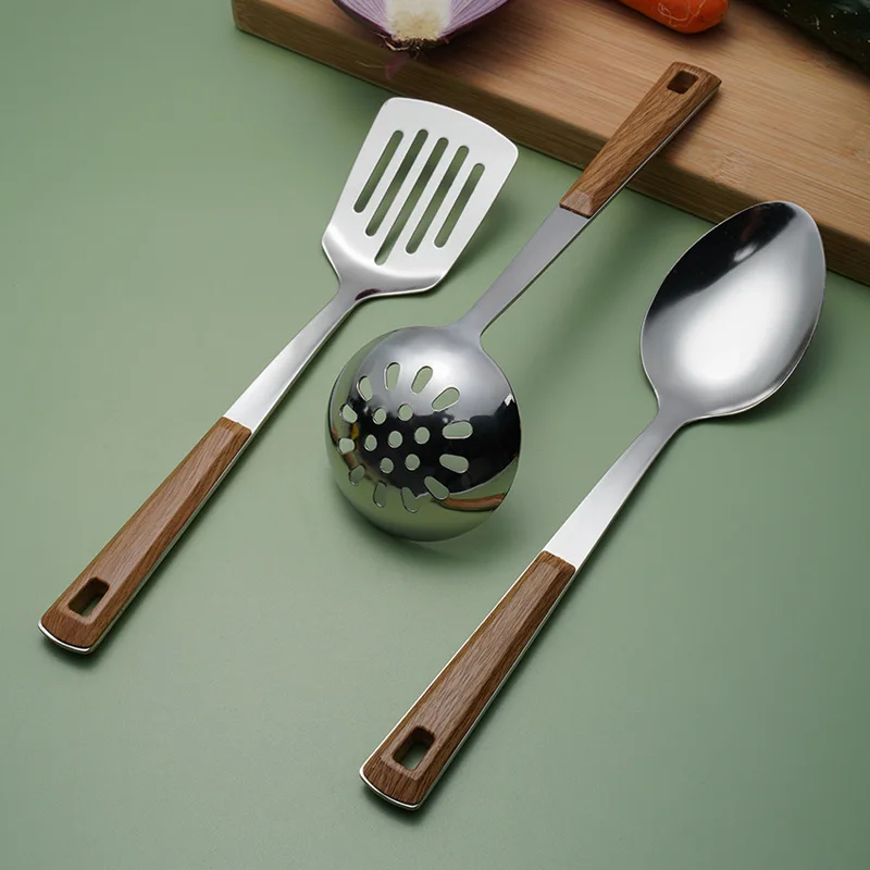 Kitchen Utensils Stainless Steel Cooking Tool Set Wooden Handle Spatula Soup Spoon Restaurant Frying Sharp Shovel Colander Kitchen Utensils