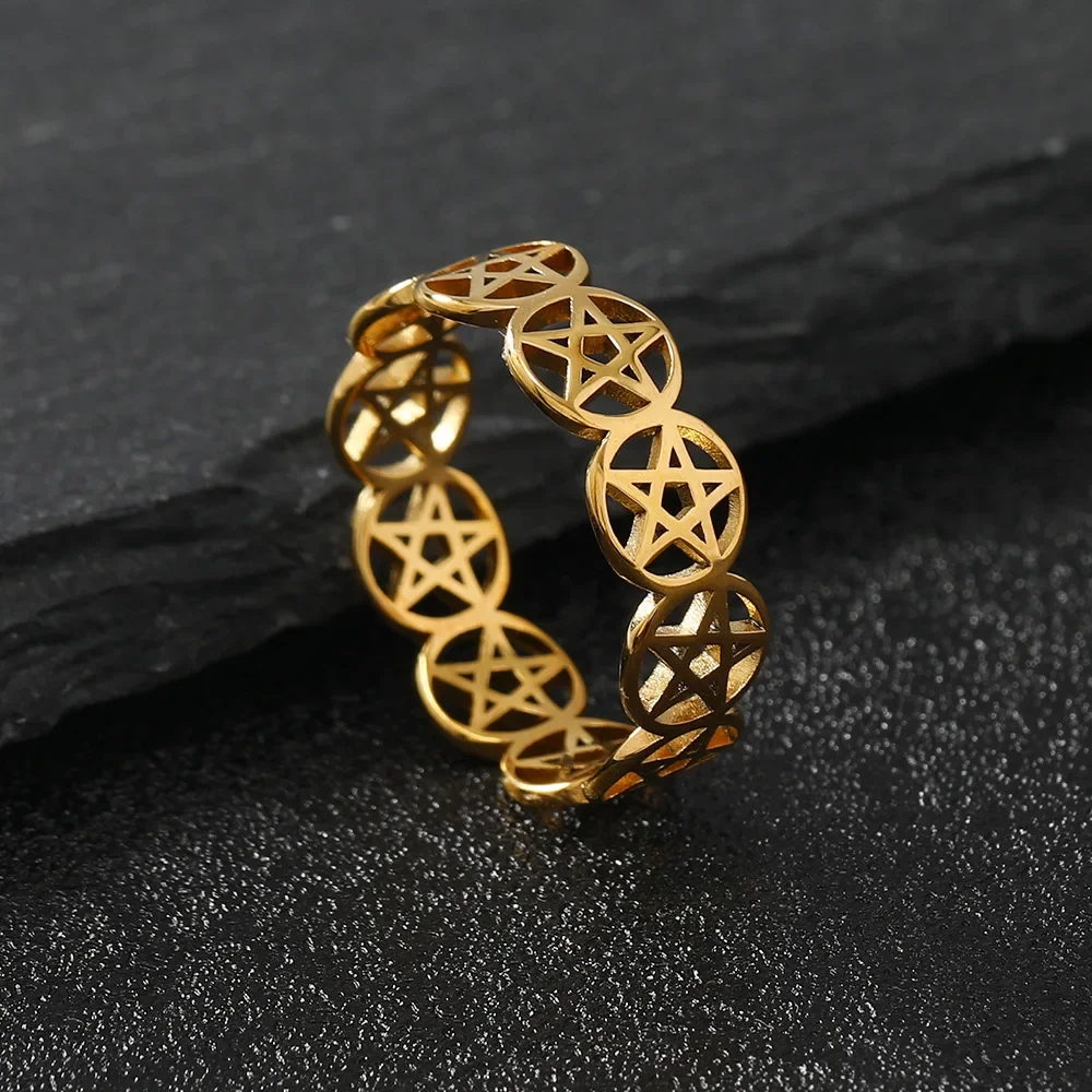 YILUOCD Stainless Steel Pentacle Ring Geometric Pentagram Ring for Women Wicca Protection Amulet Hollow Star Christmas Jewelry 3