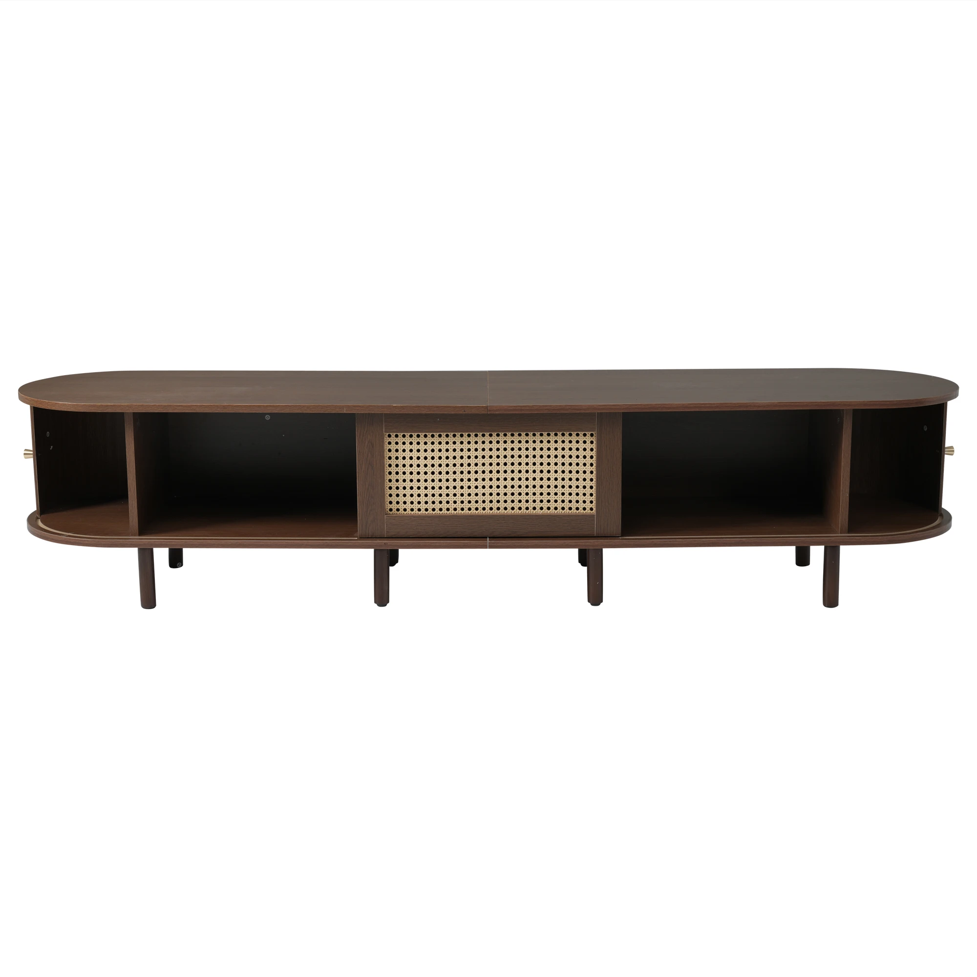 KOMHTOM Ovaler TV-Ständer Nussbaum Dunkel, Rattan-Design 180cm MDF, Verstellbare Füße, 30kg Belastbarkeit – Detail 10