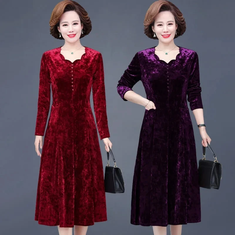 

5XL Middle Aged Women's Gold Velvet Dress Spring Autumn New Long Sleeve Dress Mother Elegant Party Dresses Vestidos Mujer