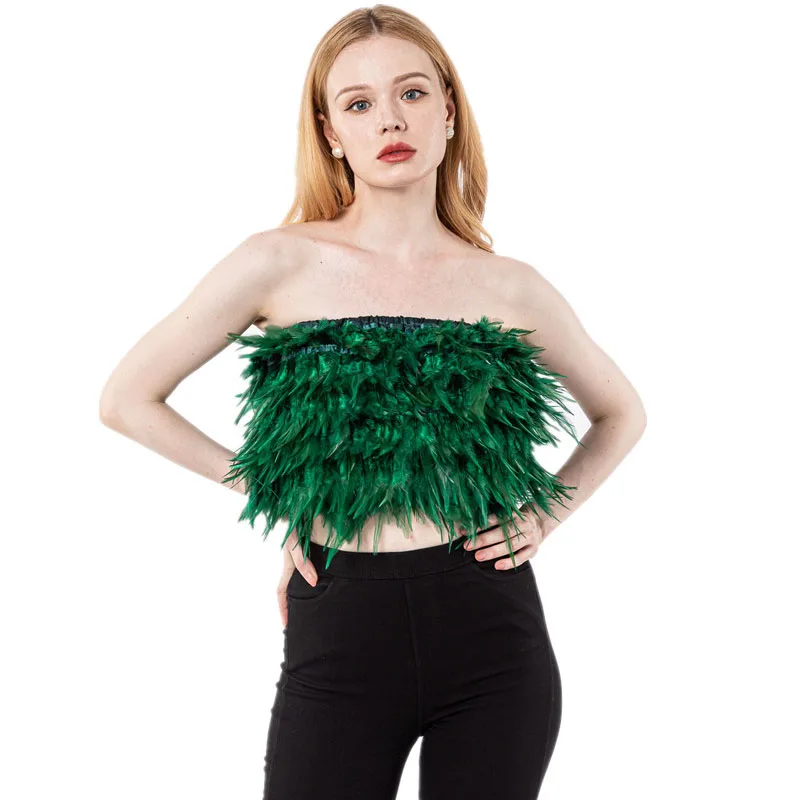 

Real Turkey Ostrich Feather Tube Top Cosplay clothes sexy short T-shirt Black Green White Chest Wrap Breast Wrapping For Women