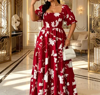Plus Size Floral Maxi Dress, Women's Square Neck Puff Sleeve Tiered Long Dress, Red White Floral Print Smocked Waist Casual Dres