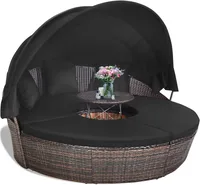 Patio Round Daybed with Retractable Canopy,Outdoor Wicker Rattan Furniture Sets,Sectional Cushioned Sofa Set w/Height 1