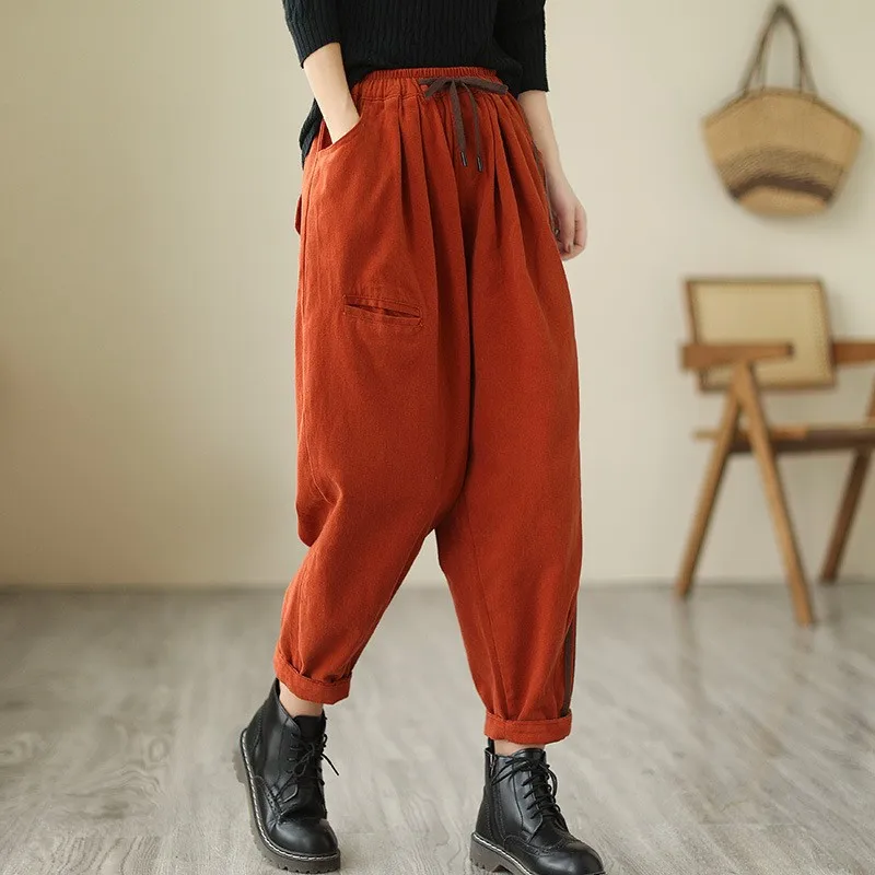 

Johnature 2024 New Women Loose Vintage Elastic Waist Pants Spring Casual All Match Ankle-length Harem Female Pants