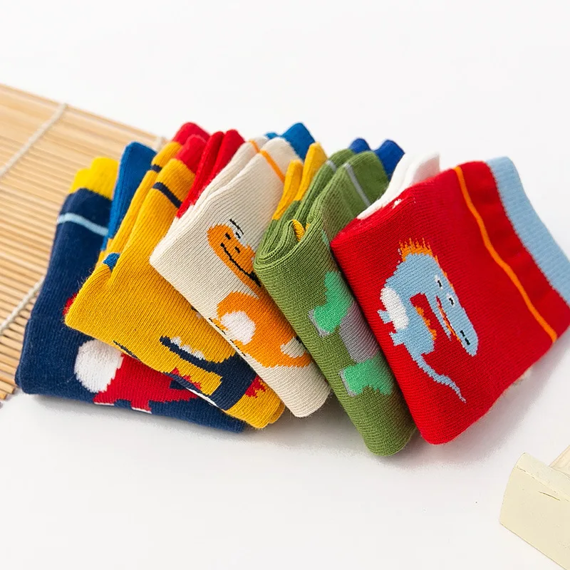 5 Pairs Cute Kids Cartoon Socks with Toes Pure Cotton Dinosaur Pattern 5 Finger Socks Infants Baby Boy Girl Correction Toe Socks