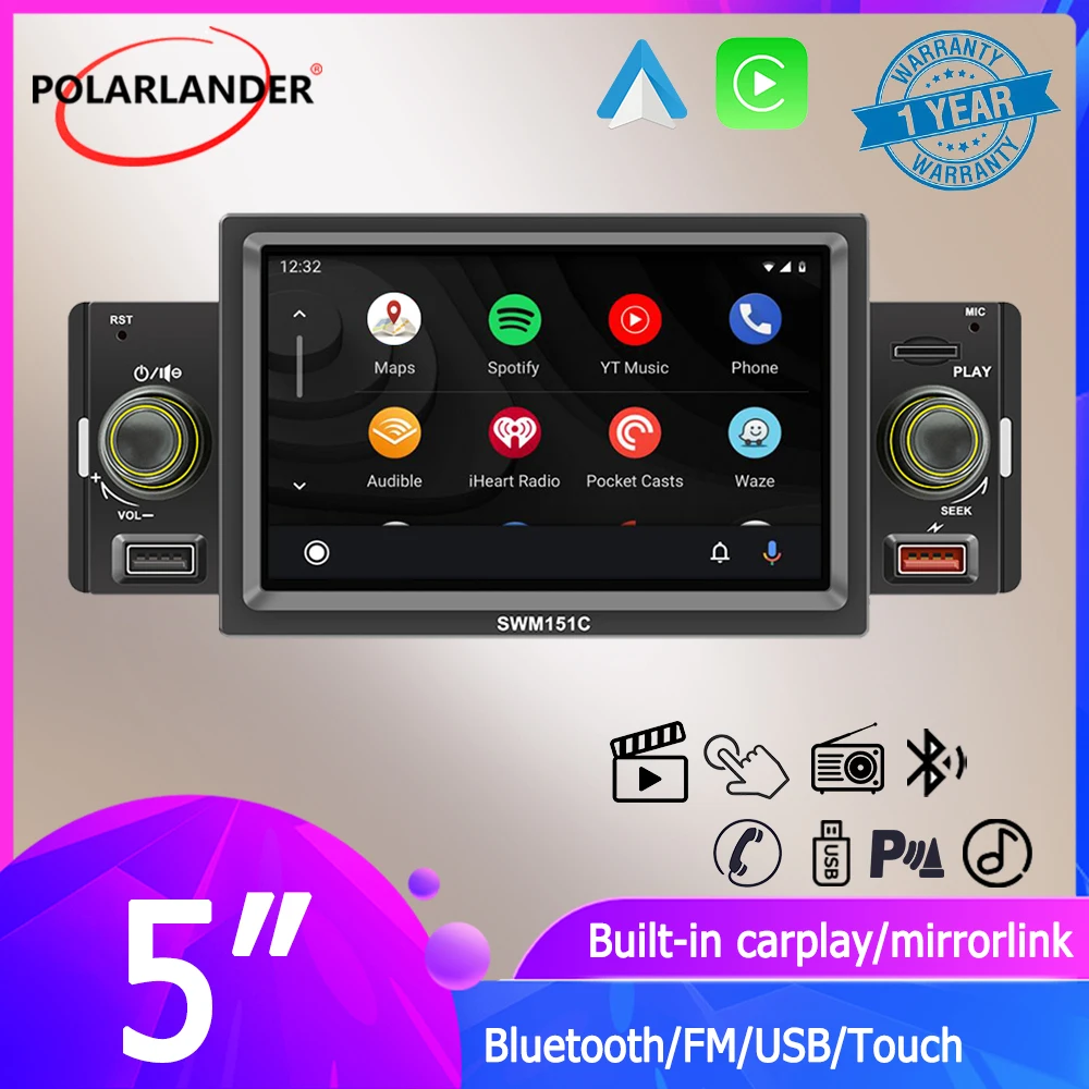 

Car Multimedia Player USB SD TF 1 Din 5" Bluetooth MP5 Hands-free FM IPS Touch Screen Android Auto/Apple CarPlay Mirror Link