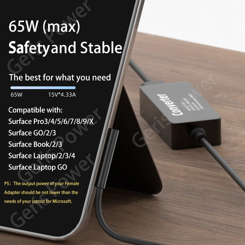 15V 65W DC Power Adapter Converter for Microsoft Surface Pro 3 4 5 6 7 8 9 Book 1/2 USB C PD to Laptop Charger for Surface Go