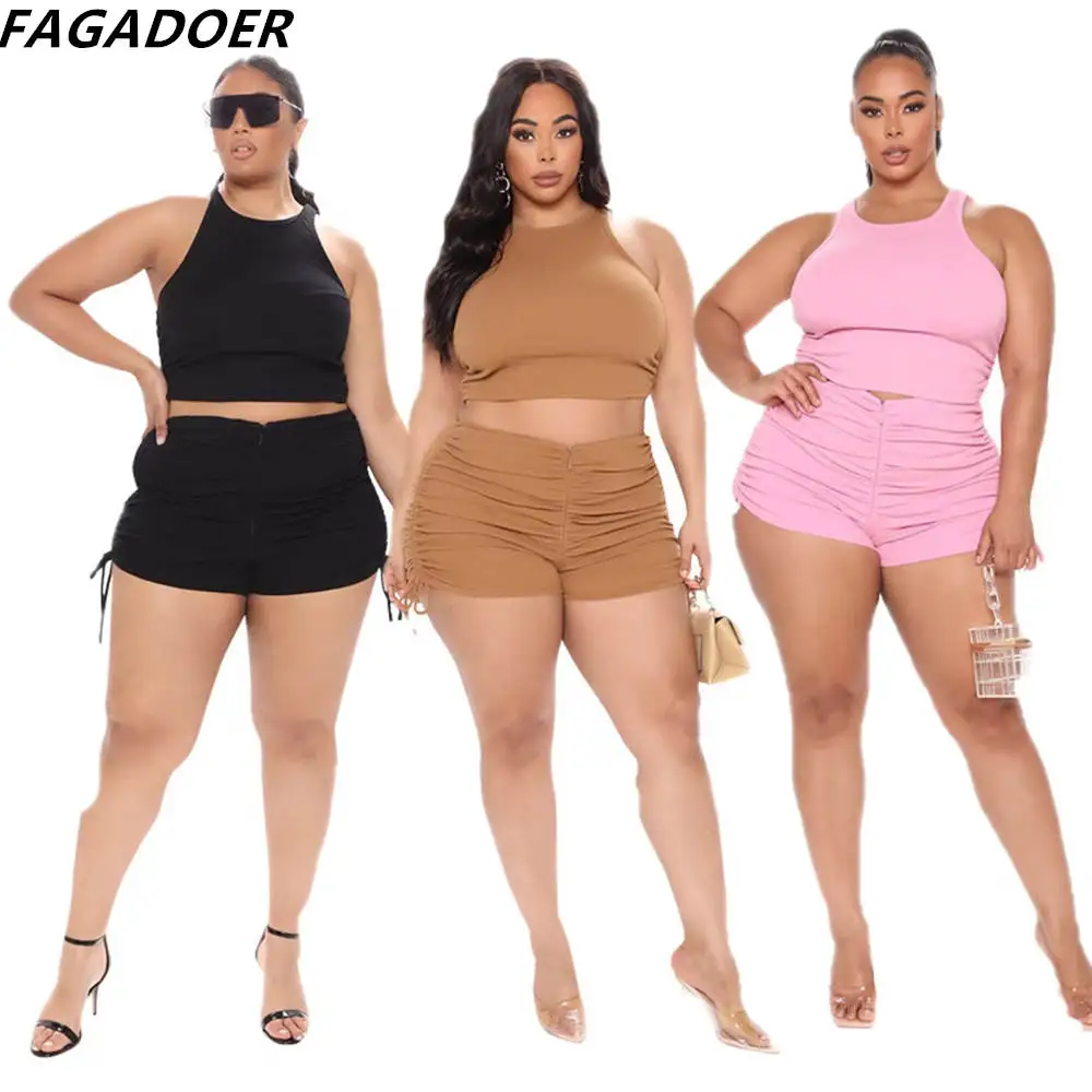FAGADOER Summer Solid Stacked Two Piece Sets Women Sleeveless Vest And Skinny Drawstring Shorts Tracksuits Casual Sporty Outfits