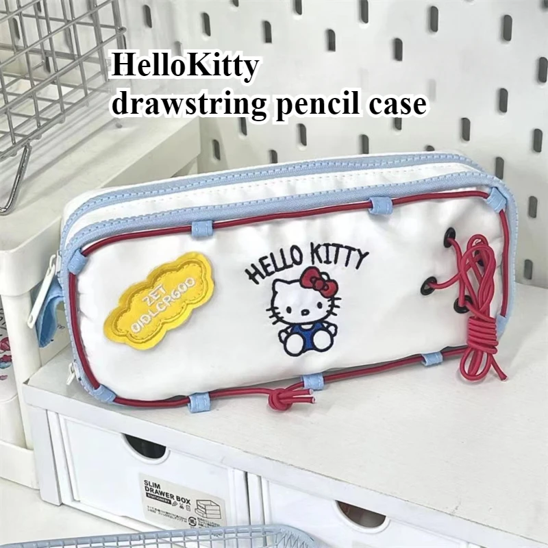 Sanrio HelloKitty Storage Bag Large Capacity Double Layer Girls Pencil Case Embroidery Pencil Case Student Zipper Stationery Bag