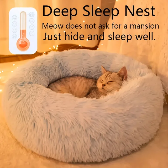 Lit en peluche rayé confortable pour animaux de compagnie, adapté aux chats et aux chiens, nid rond chaud et pour dormir en profondeur, remplissage, gris, doux, intérieur, 1 pièce 1