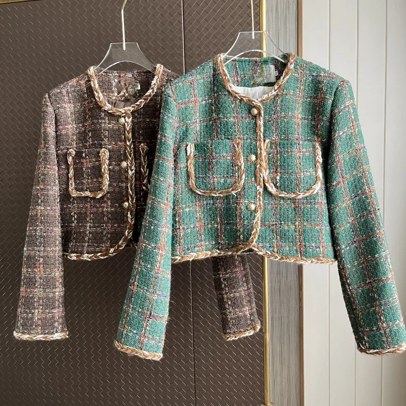French Fashion Tweed Jacket Women Autumn Small Fragrant Round Neck Chic Long Sleeve Green Coffee Plaid Lady Jacket Winter 1771