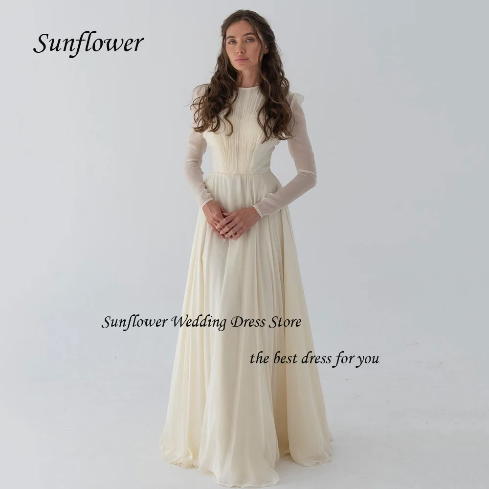 

Sunflower High Neck Evening Dress 2023 Slim Backless Chiffon Prom dress Long Sleeve Floor-Length Pary Dress Sweep Train