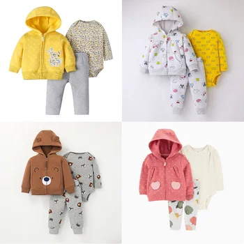Neonato neonata ragazzo vestiti set primavera autunno cotone manica lunga cappotto con cappuccio + pagliaccetto + pantaloni 3 pezzi vestiti caldi per bambini