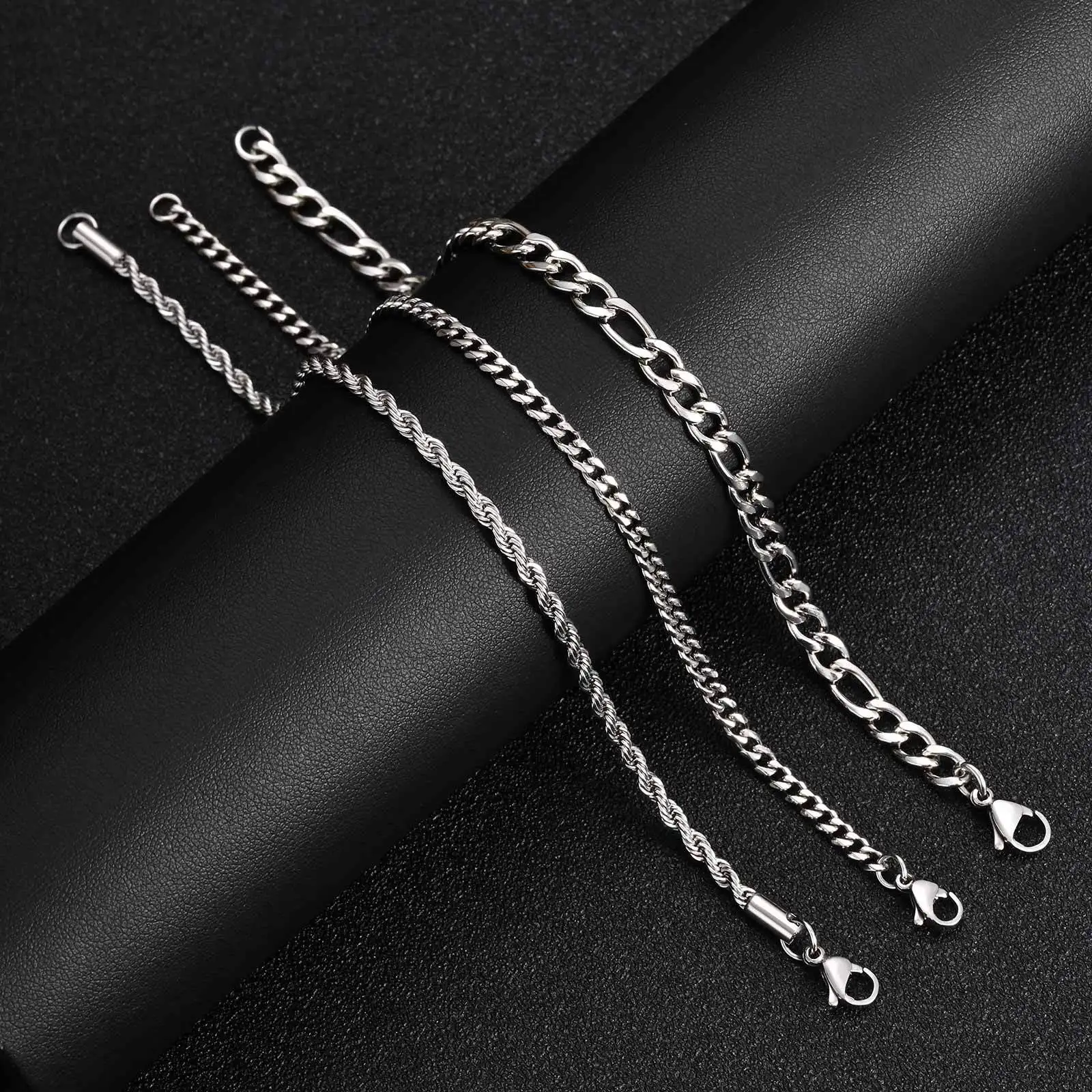 3pcs Men's Chain Bracelet,Never Fade Stainless Steel Cuban Chain Wristband,Casual Simple Silver Color Chains Jewelry Gift