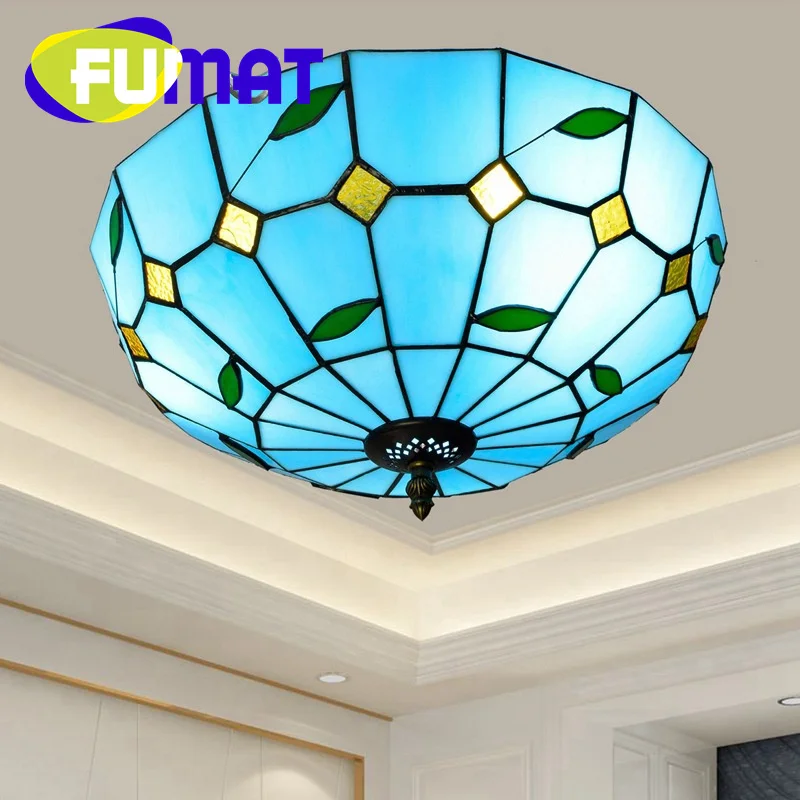 

FUMAT Tiffany style stained glass Mediterranean green leaves 16 inch ceiling light for living room bedroom corridor LED decor