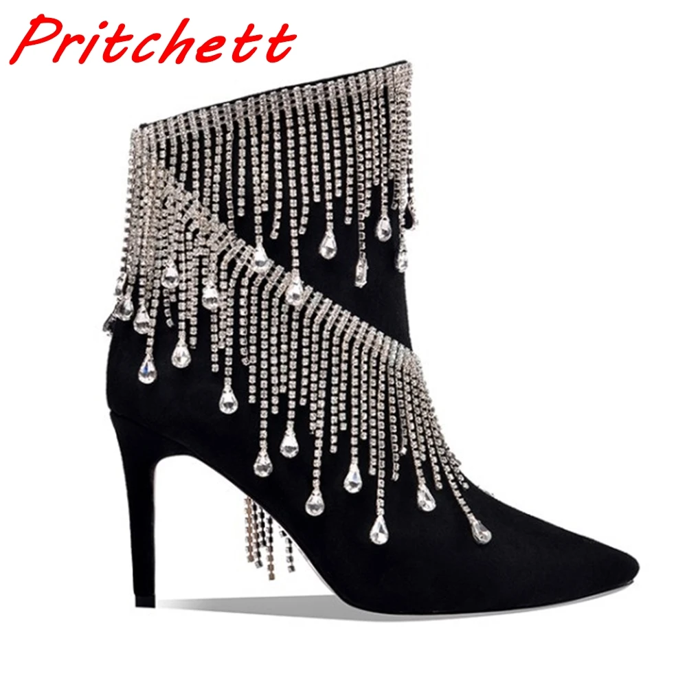 

Bling Rhinestone Fringe Ankle Boots Flannel Black Pointed Toe Side Zipper Stiletto Heels Sexy Spring Autumn Fashion Women Boots