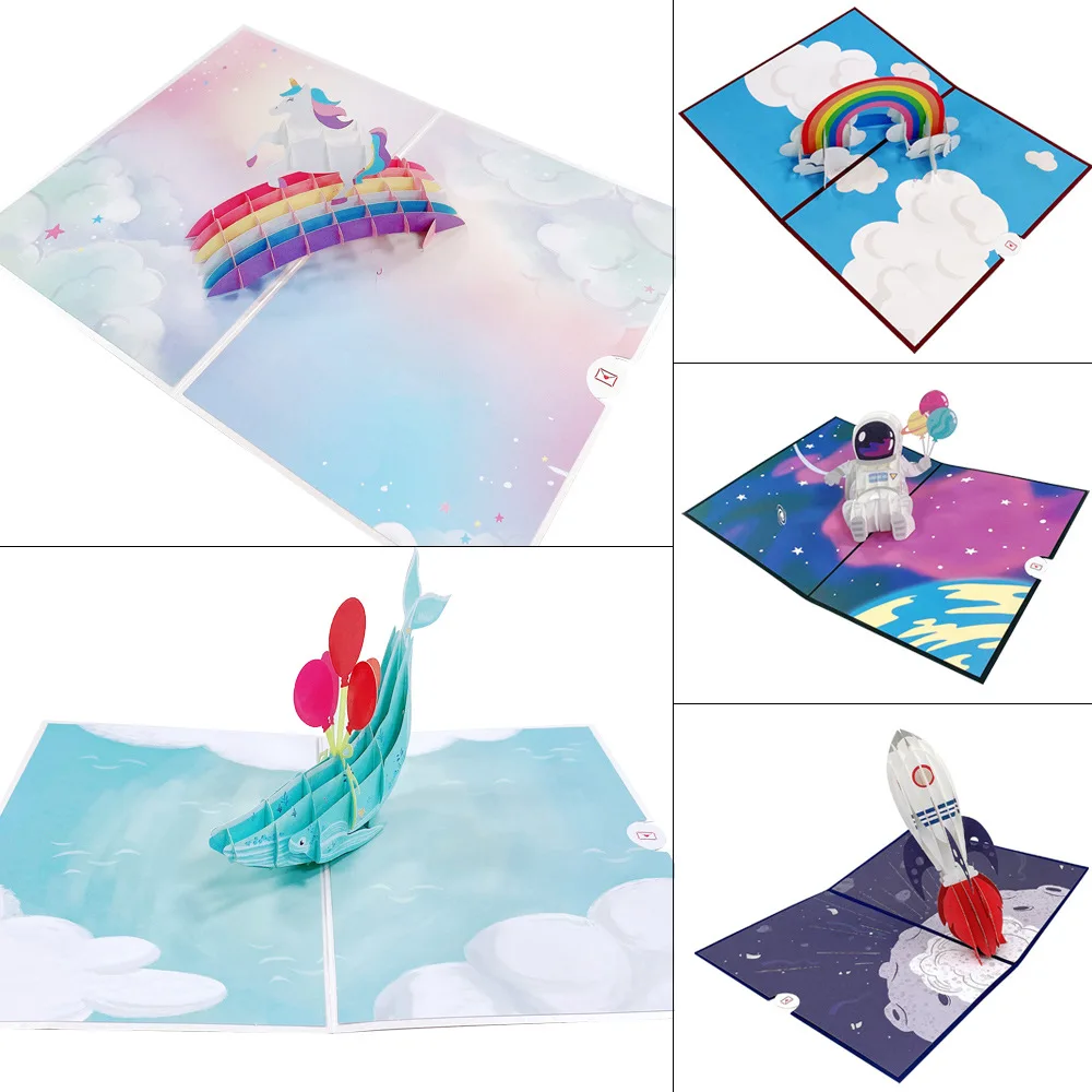 Greeting Cards 1 Pc Space Unicorn Rainbow Bridge Ocean Rocket Funny Birthday Card 3D Greeting Pop Up Birthday Card with Message Note & Envelop