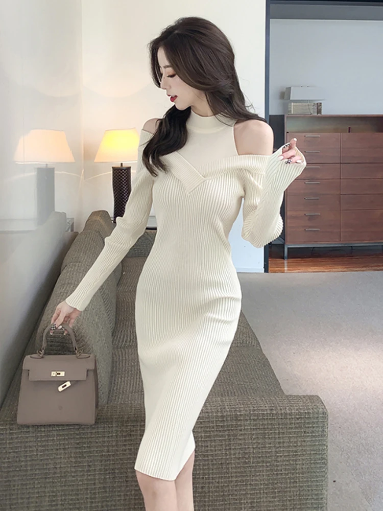 

Women Knitted Dress Vintage Half High Collar Sexy Off Shoulder Sweater Dresses 2022 Temperament Slim Long Sleeve Bottom Dresses