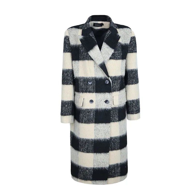 

Vintage Plaid Woolen Coat Casual Suit Collar Double-breasted Long Sleeve Autumn Winter Women Loose Long Wool Overcoat Ropa Mujer