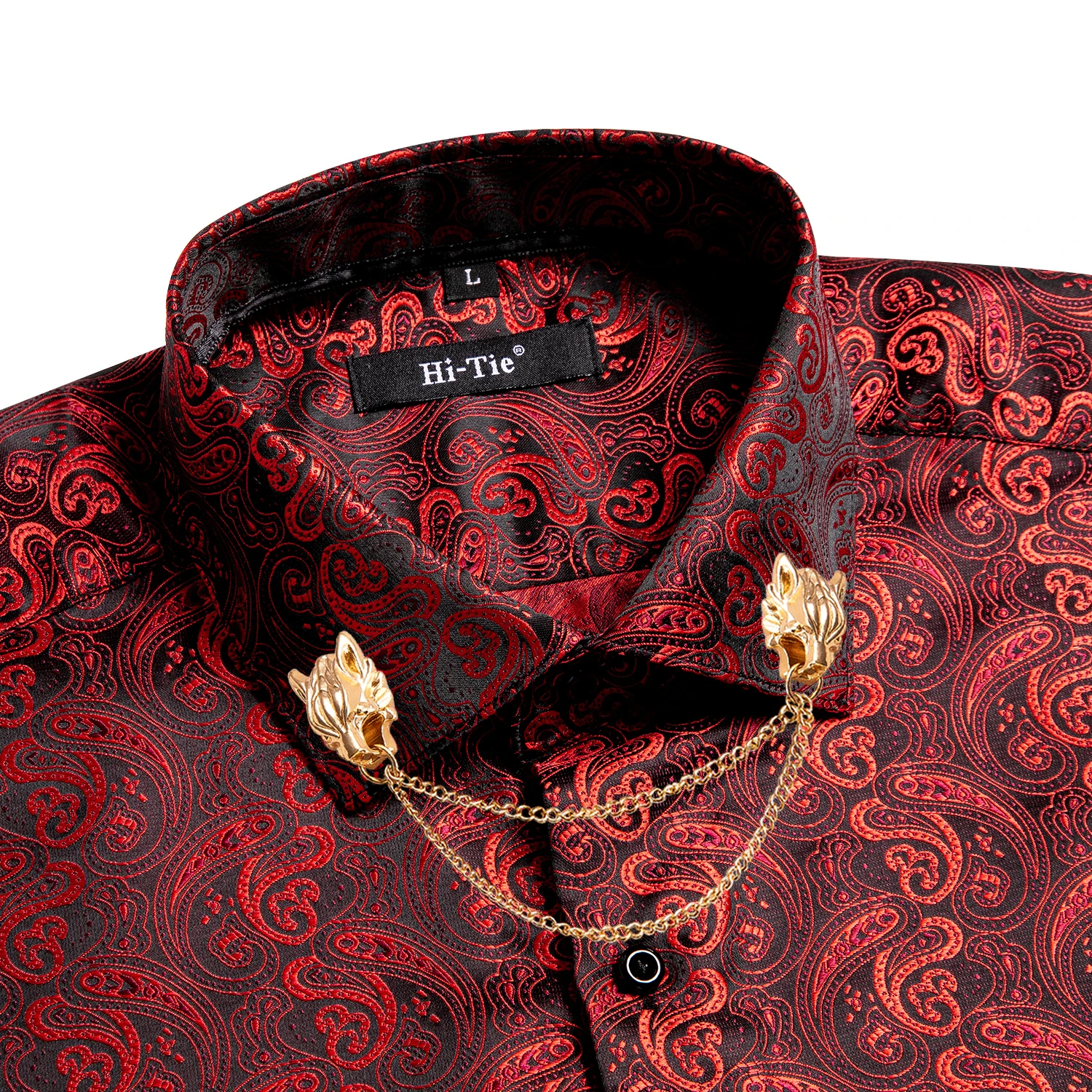 Hi-Tie Red Silk Mens Shirts Classic Paisley Lapel Long Sleeve Slim Fit High Quality Spring Autumn Shirt Male Business Party Gift
