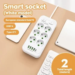 Universal 6 - Socket Power Strip with USB & Type - C Ports - Surge Protected & Individually Switched (White)