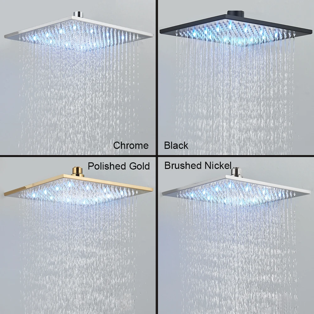 16 inch/40cm Black Rainfall Shower Head LED Light 16" Large Rainfall Faucet Head Square Brass Showerhead 3 Color Changing Head 5