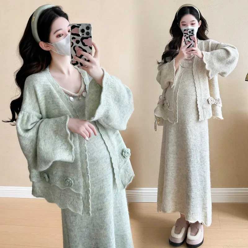Fashionable Knitted Long Dress Set for Pregnant Women Autumn Wear Open Cardigan plus Size Trendy Maternity Clothing