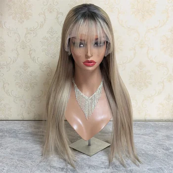 Parrucca con frangia bionda dorata, senza colla, in pizzo, per donna, liscia, 100% capelli umani brasiliani, con frangia a tendina