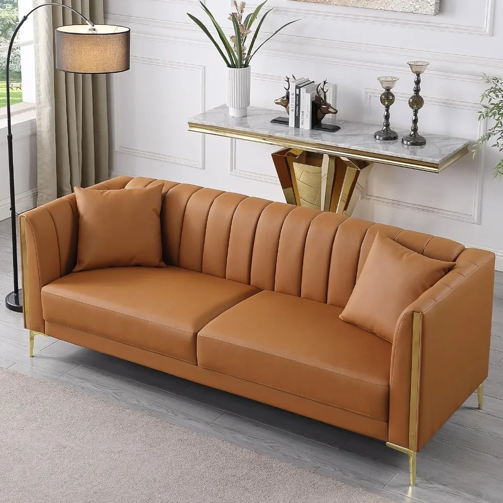 

FOTOSOK 78'' Sofa, Modern Couches for Living Room, Comfy, Faux Leather Sofa 3 Seater Sofa with 2 Throw Pillows and Gold Legs