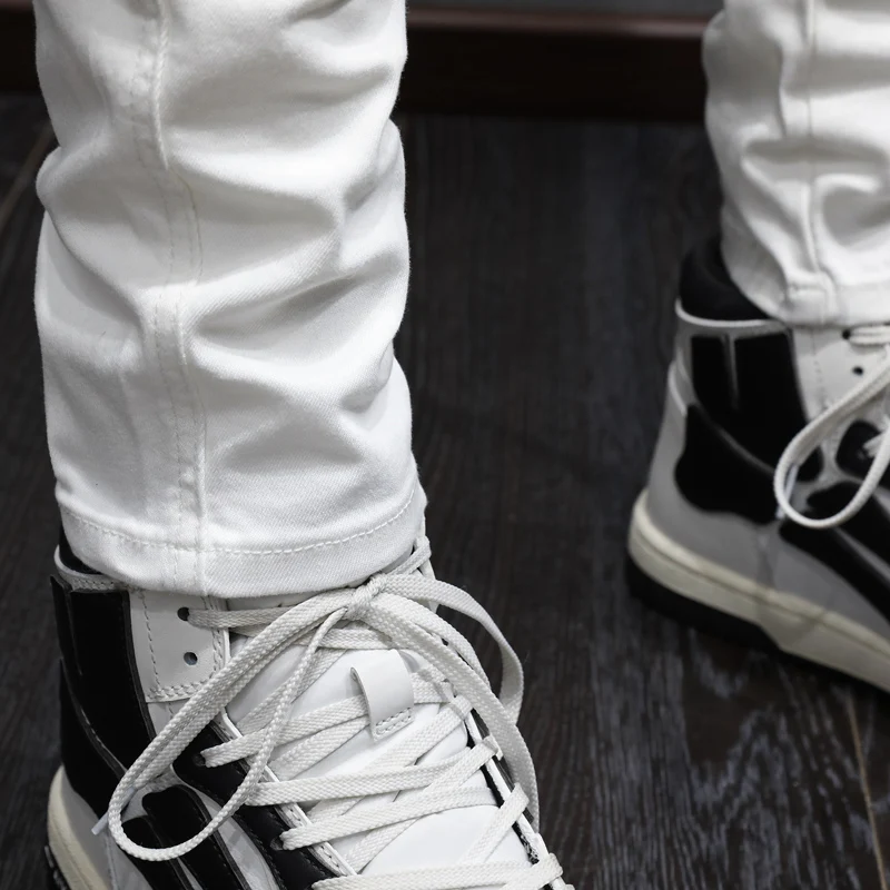 High Street Fashion Men Jeans White Elastic Stretch Skinny Fit Biker Jeans Homme Pocket Patched Designer Hip Hop Denim Pants Men
