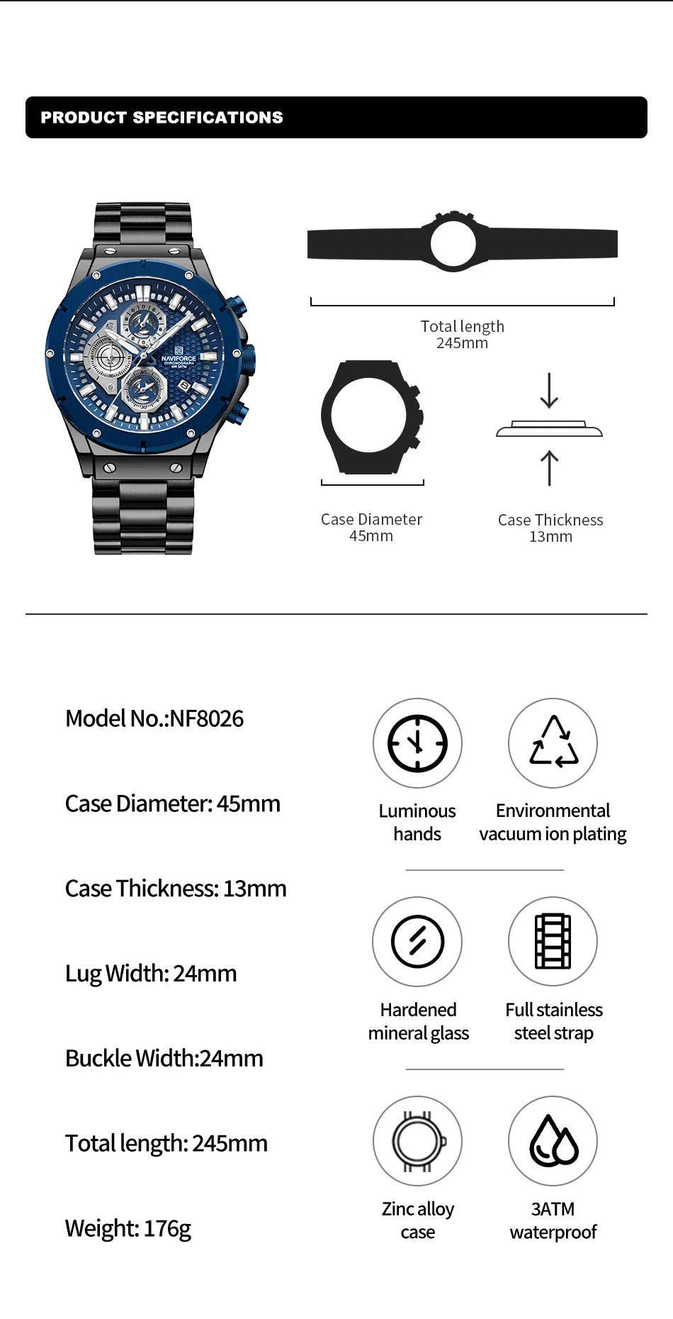 Naviforce 8026 Chronograph Stainless Steel Watch description image 2
