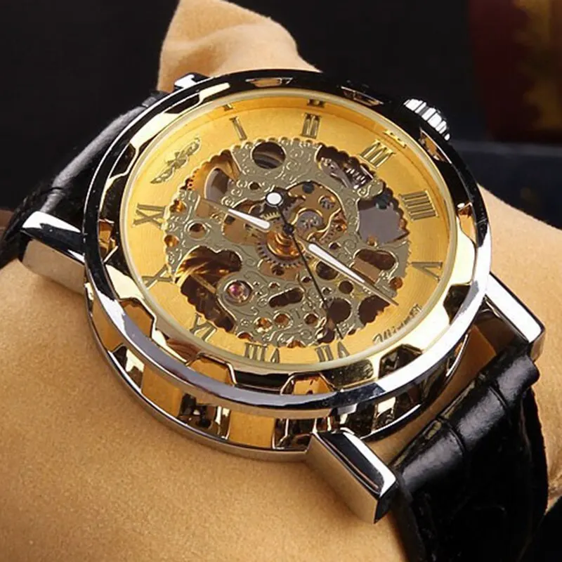 Mechanical Watch Men Stainless Steel Skeleton Luxury Fashion With Black Leather Strap 1pc For Business