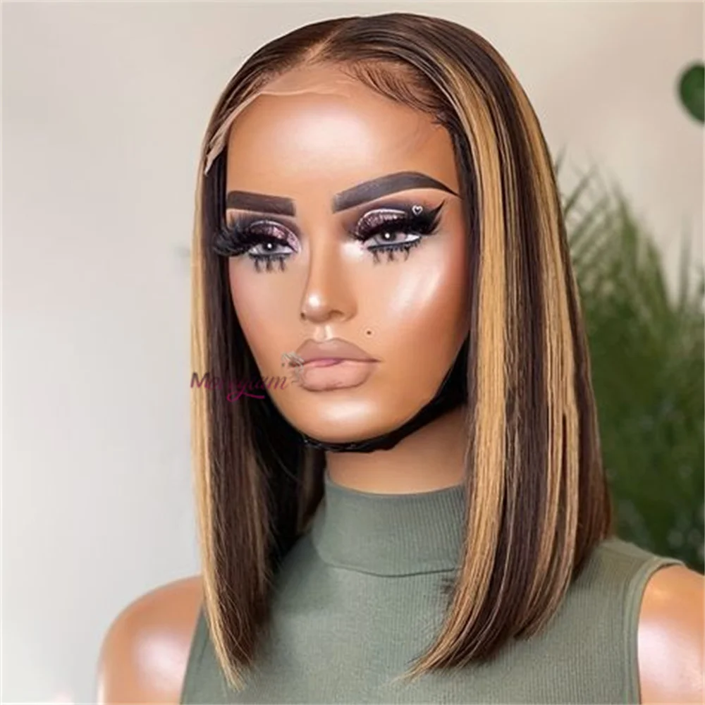 

Highlight Bob Wig Colored Human Hair Wigs Brazilian Straight Lace Front Wig For Women Honey Blonde P4/27 Bob Lace Closure Wig