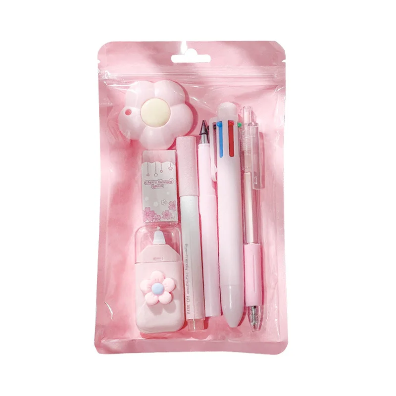 6/7/8Pcs Cute Cartoon School Stationery Set Color Pens Stick Note Student Tools Gift Kit Eraser Large Capacity Learning kawaii - 6