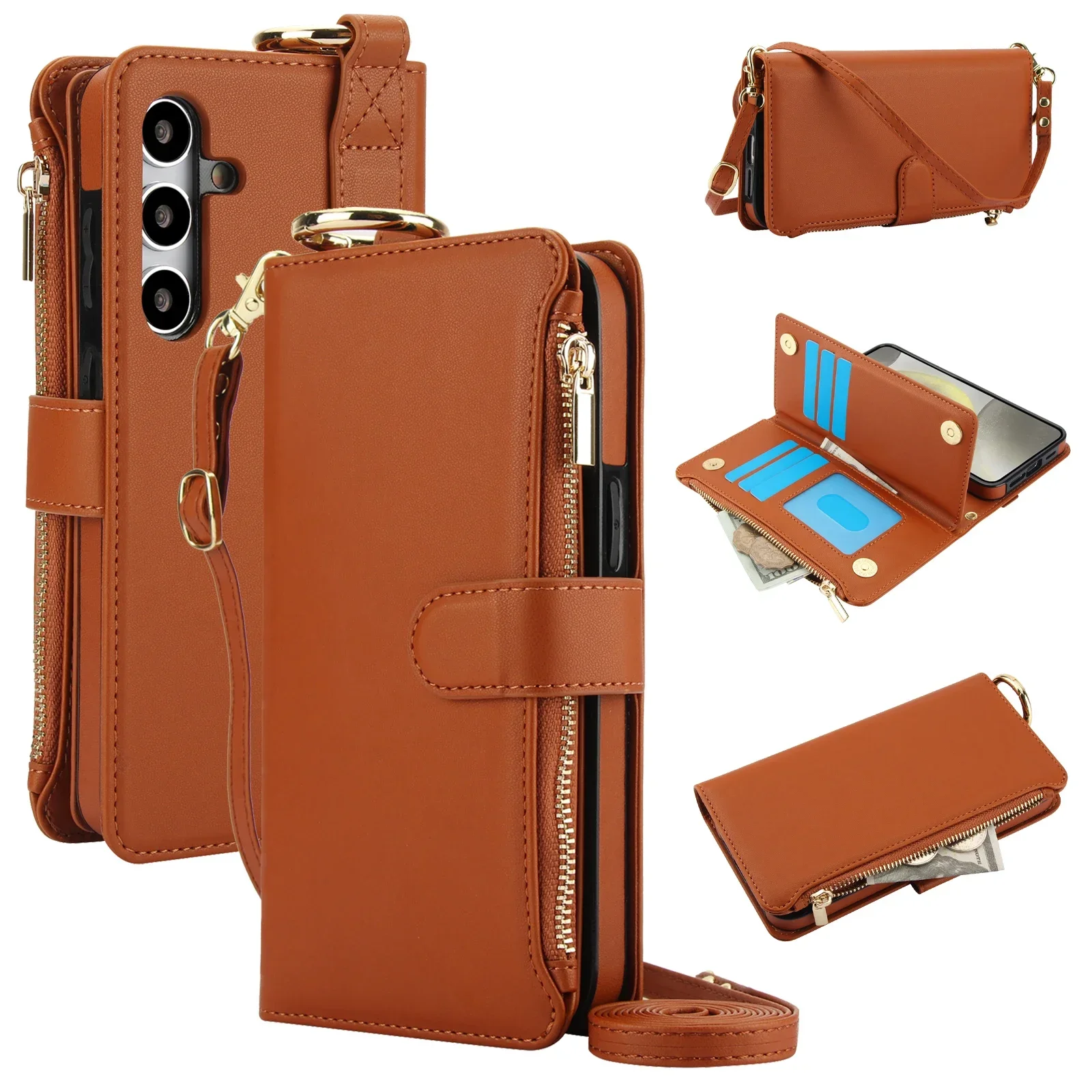 Leather Wallet Case with Ring Lanyard and Card Slots - Zipper Flip Purse Cover