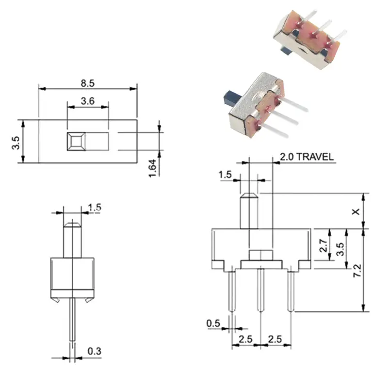 20Pcs SS12D00 Interruptor On-Off Mini Slide Switch 3pin 1P2T 2 Position High Quality Toggle Switch Handle Length:3MM/4MM/5MM/6MM - Image 4