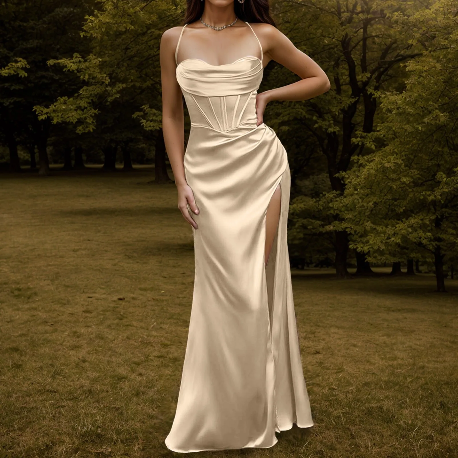Sexy Diamond Corset Ruched High Slit Maxi Dress Dusty Sage main image 1