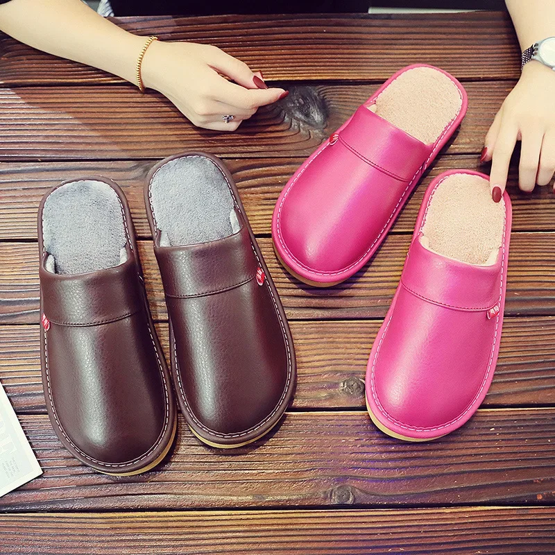 Cotton Slippers Women  Big Sizes PU Leather Home Men Indoor House for Men's Slippers Women Man Slipper Luxury Warmer Flat Shoes
